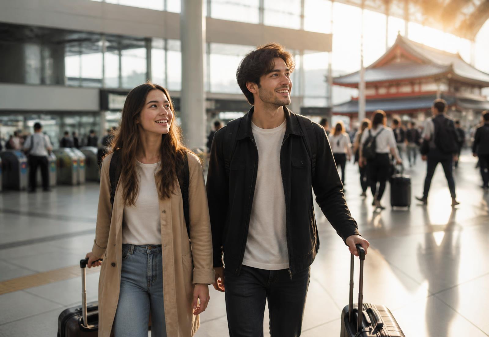 Two international travellers with suitcases arriving in a bright Japanese station concourse